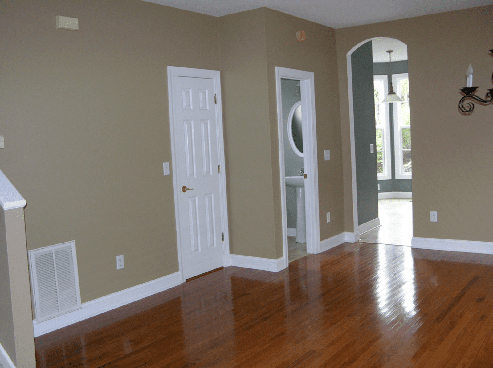 Light green painted interior walls with white trim.
